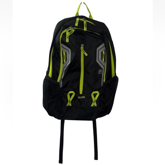 ULINE Daypack Backpack Black w/Neon Green 25L Capacity Camping Hiking School - Picture 2 of 4